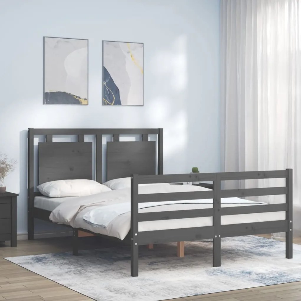 3194033 vidaXL Cadru de pat cu tăblie, gri, 140x190 cm, lemn masiv