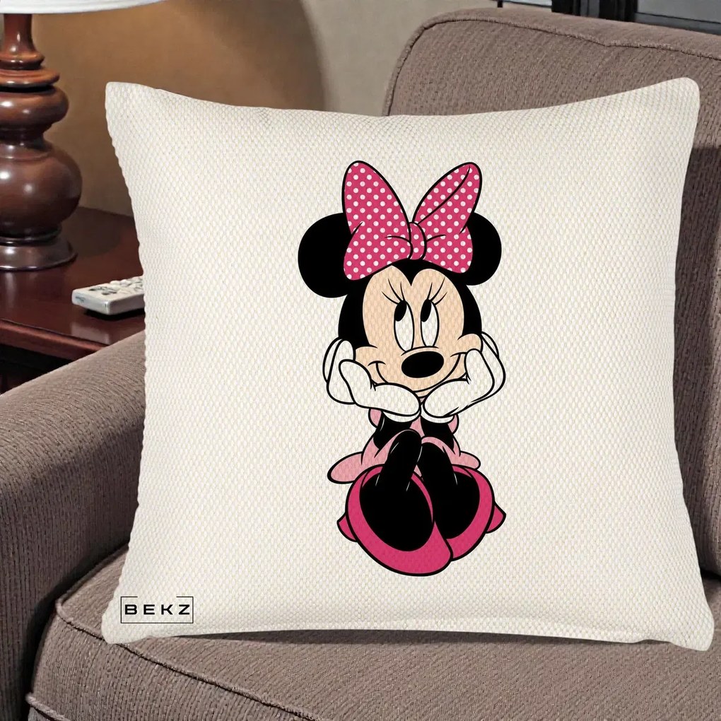 Perna Personalizata Minnie Mouse cu Fundita, 40x40 cm, Crem Reliefat, Husa Detasabila, Perna Inclusa, BEKZ®