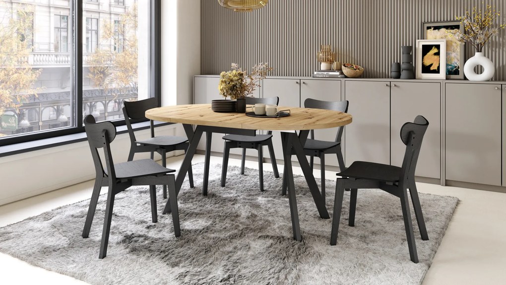 Mazzoni ALDO Stejar Artisan/picioare negre - MASĂ ROTUNDĂ EXTENSIBILĂ CU PICIOARE ÎN FORMĂ DE "Y" STIL LOFT PENTRU SALON/SUFRAGERIE