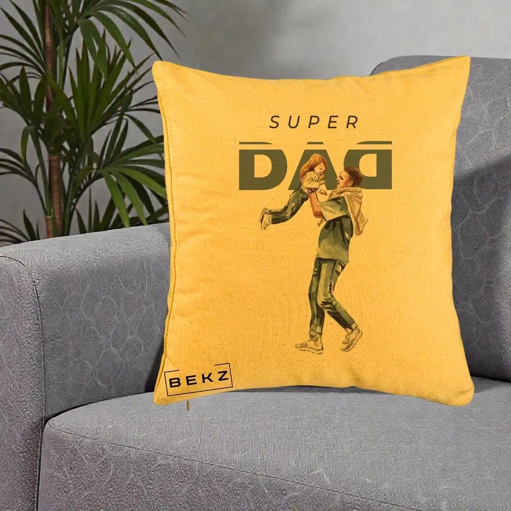 Cadou pentru Tata - Perna Personalizata Super DAD Tata si Fiica, 40x40 cm, Galben, Husa Detasabila, Perna Inclusa, BEKZ®