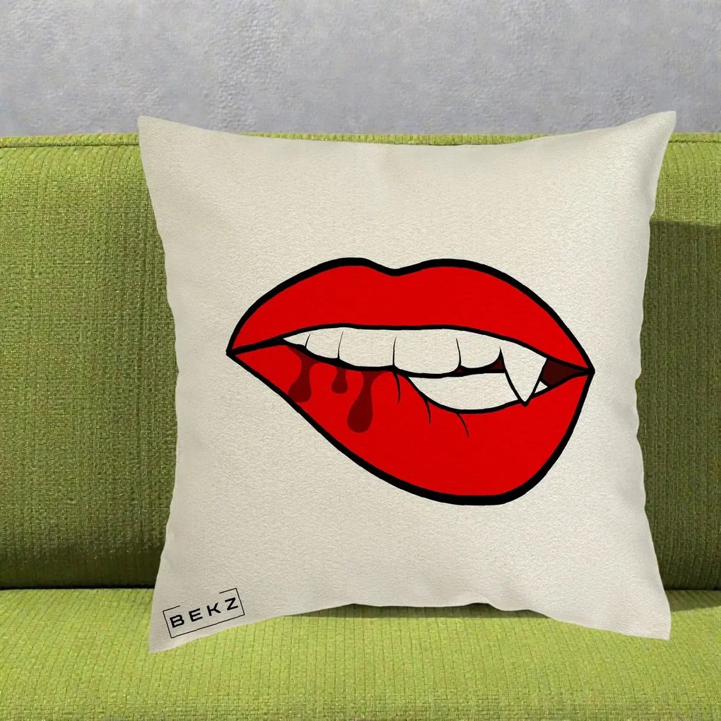 Perna Decorativa Vampire Lips Halloween, 40x40 cm, Ecru, Husa Detasabila, Perna Inclusa, BEKZ®
