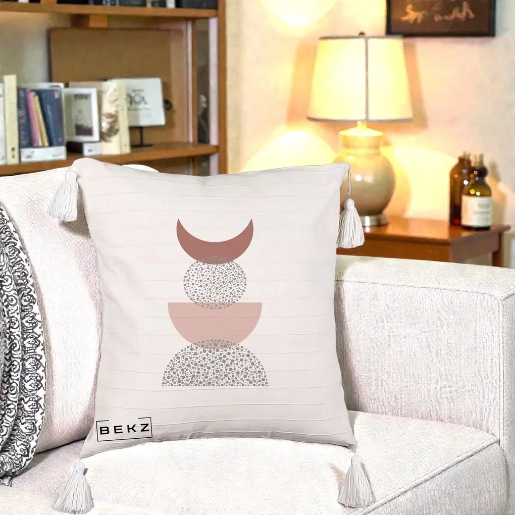 Perna Decorativa Boho Luna Plina si Forme Punctate, 40x40 cm, Bej cu Franjuri, Husa Detasabila, Perna Inclusa, BEKZ®