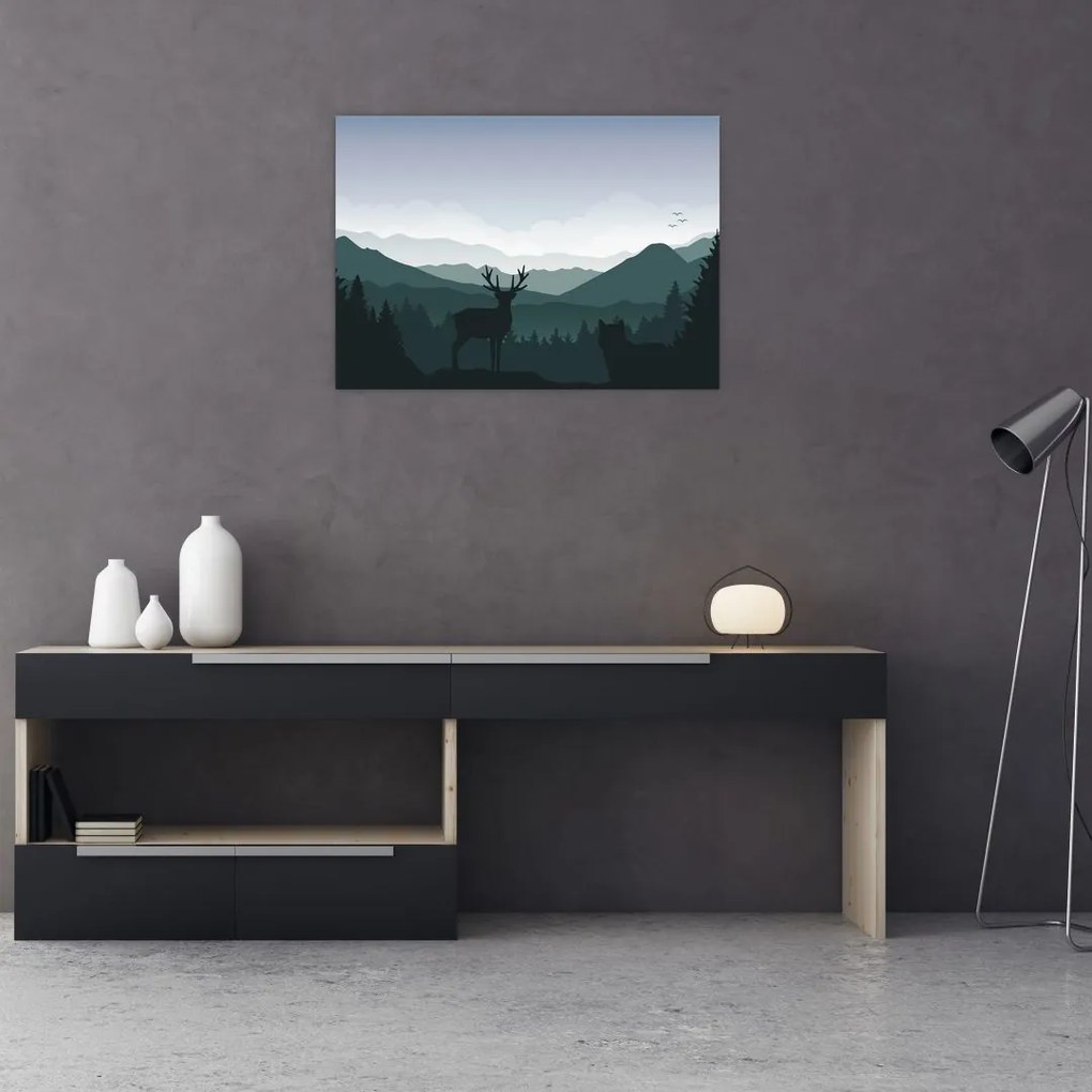 Tablou - Cerb cu lup pe stânci (70x50 cm)