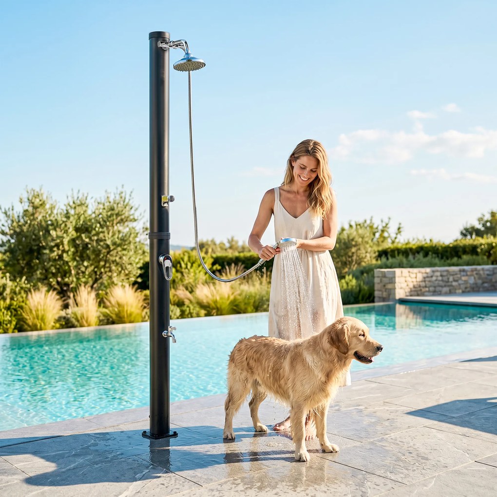Outsunny Duș solar grădină 20L cu cap de duș, duș de mână, robinet pentru picioare și temperatură reglabilă max. 60 °C pentru piscină Negru | Aosom Romania