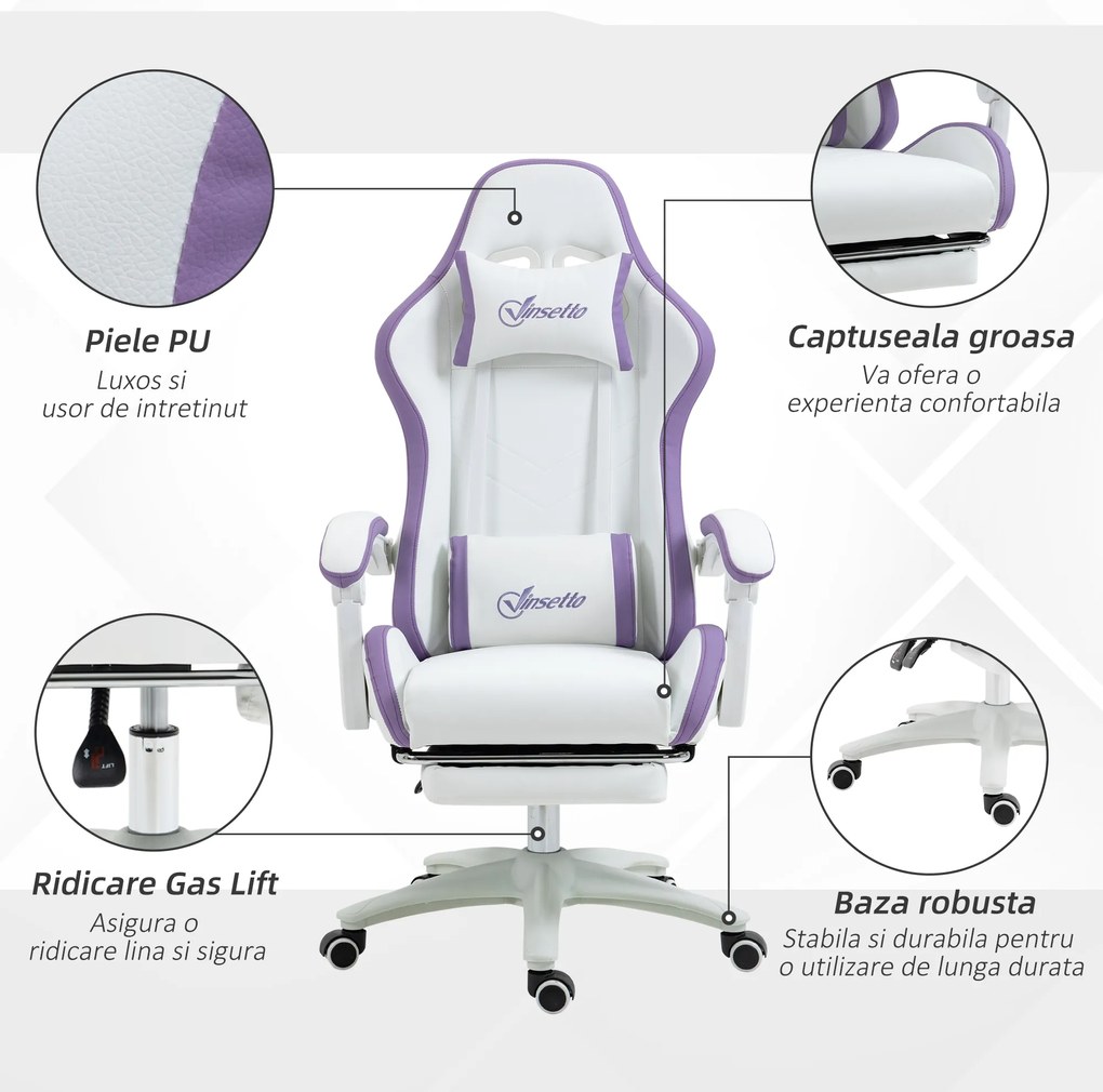 Vinsetto Scaun Gaming Reglabil pe Înălțime cu Tetieră, Alb și Mov | Aosom Romania