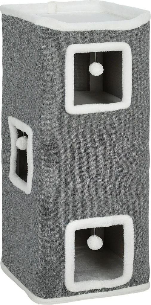 PawHut Ansamblu de joacă pentru Pisici cu 4 Nivele, 3 Bile de Jucărie din PAL, Textil și Pluș, 41x41x100 cm, Gri și Alb | Aosom Romania