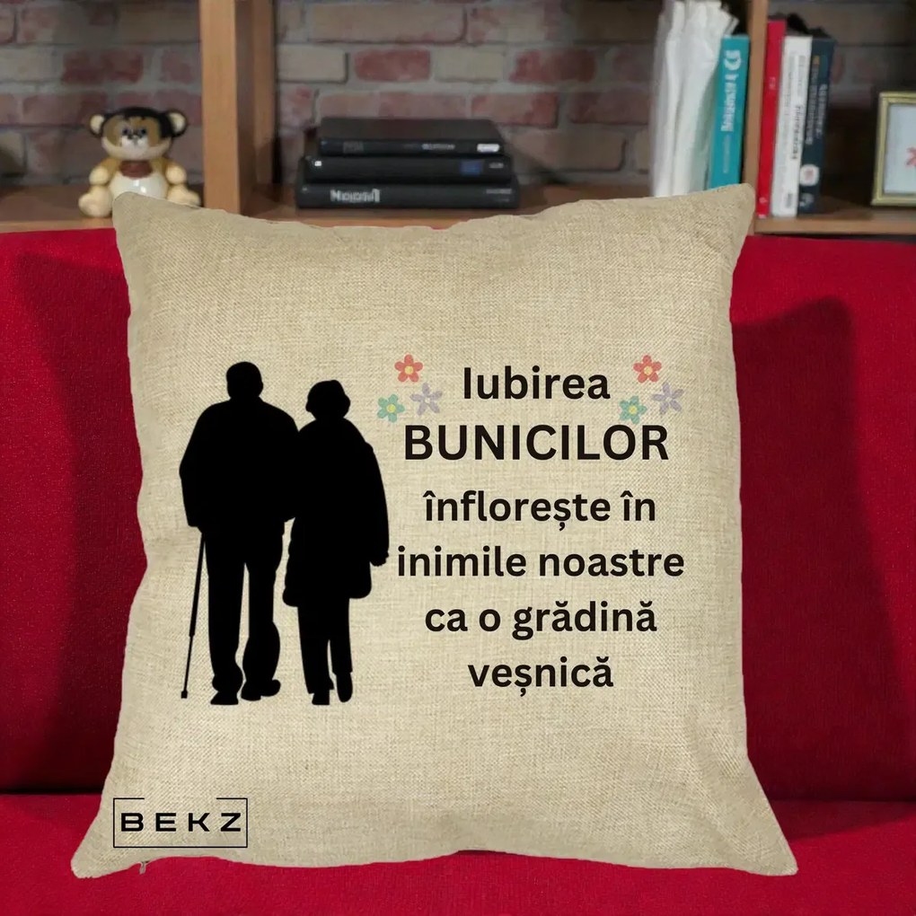 Cadou pentru Bunici - Perna Personalizata Bunicii Iubirea Infloreste Silueta Neagra Flori, 40x40 cm, Crem, Husa Detasabila, Perna Inclusa, BEKZ®