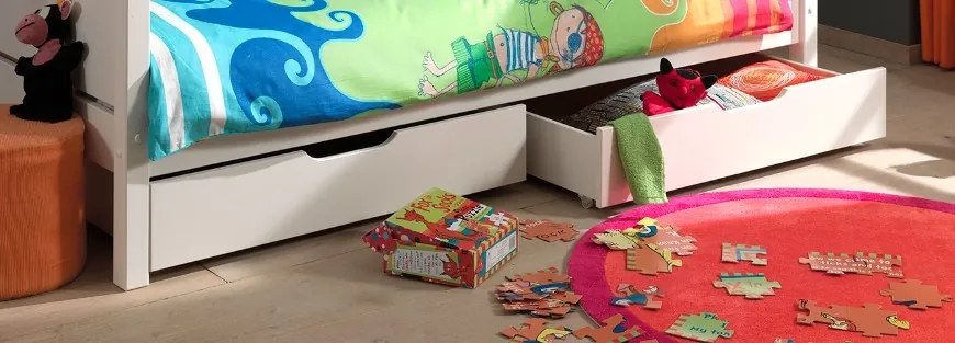 Pat supraetajat pentru copii SCOTT, alb, 90 x 200 cm, din pin scandinav și MDF, cu somiere incluse și 2 sertare pentru depozitare – Vipack