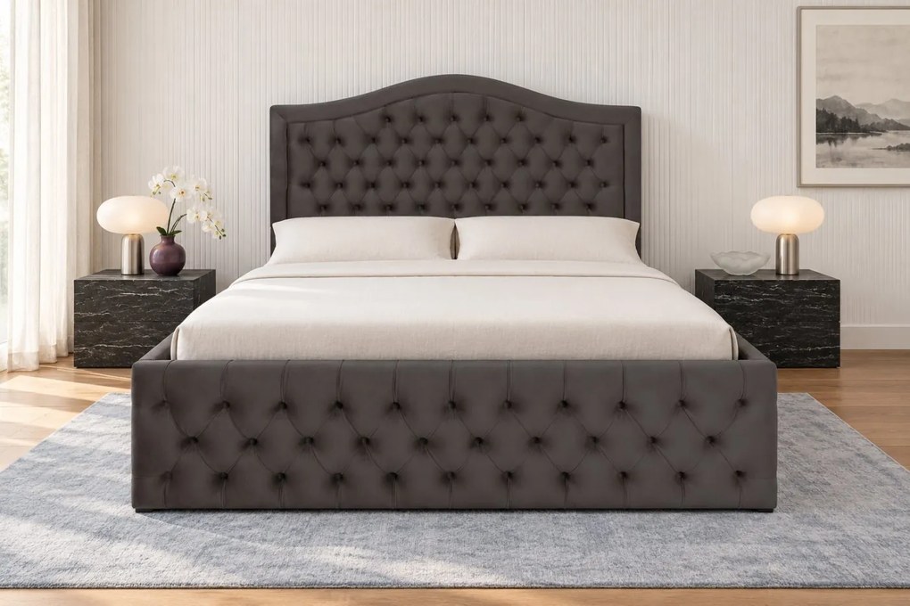 Pat tapițat din catifea Solaria 200×200 cm, gri închis, cu ladă de depozitare
