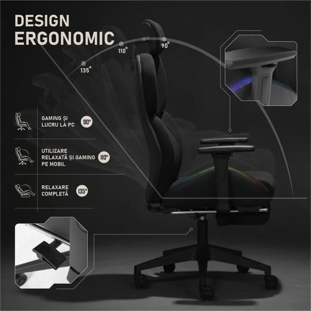 LUMINA X-Motion Pro – Scaun Gaming & Office Premium cu LED RGB și Suport pentru Picioare – Confort Inteligent și Design Spectaculos, Textil, Negru/Galben