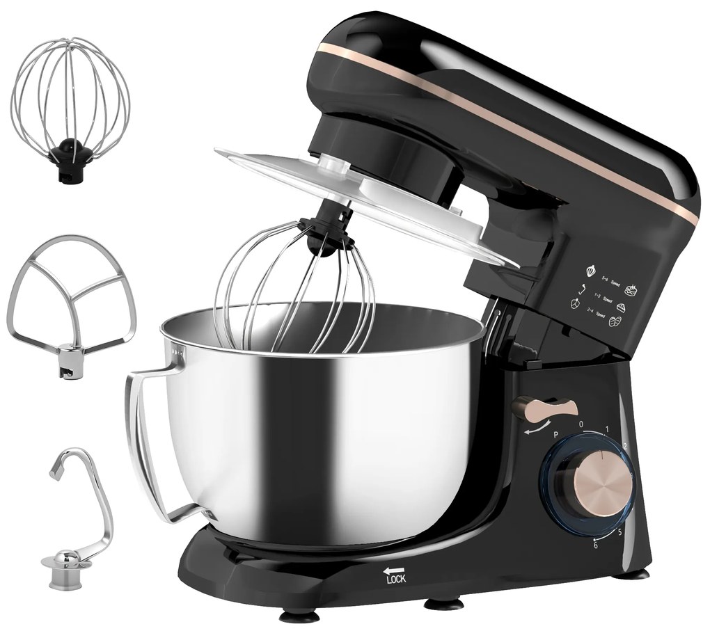 HOMCOM Mixer Planetar de 4.5L cu 6 Viteze din Oțel Inoxidabil, Plastic și Aluminiu, 35x22x29 cm, Negru și Argintiu | Aosom Romania