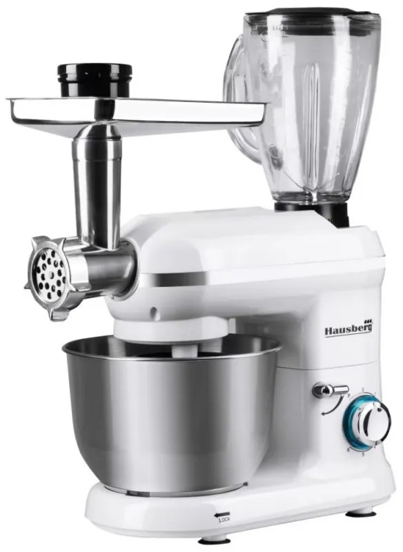 Robot de bucatarie cu bol din otel Hausberg HB-7605AB, 1000W, 5 L, 6 viteze, LED, Blender, Mixer, Masină de tocat carne, Alb