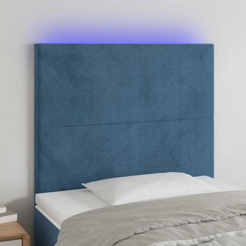 3122184 vidaXL Tăblie de pat cu LED, albastru închis, 90x5x118/128 cm, catifea