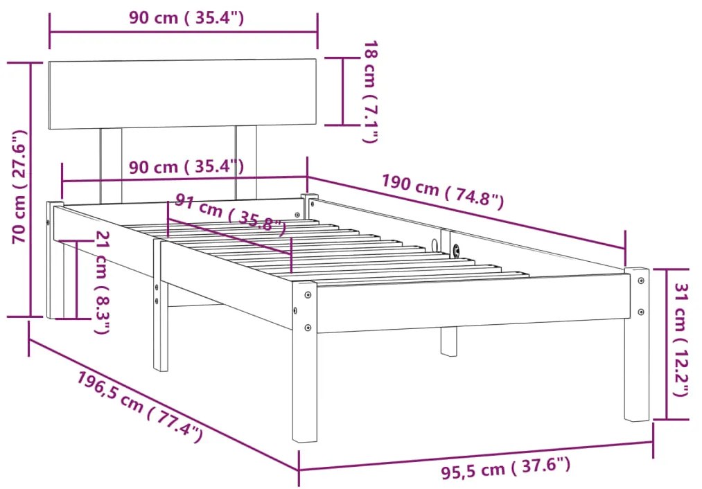 Cadru de pat UK Single, alb, 90x190 cm, lemn masiv de pin Alb, 90 x 190 cm