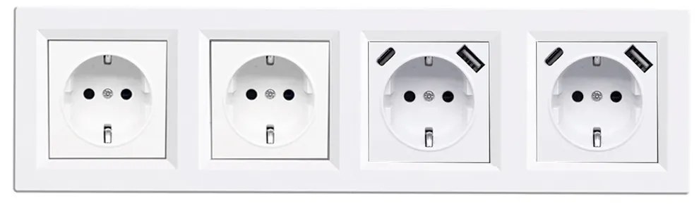 Priză Nova IV cu două prize cu împământare și două conectori USB cu cadru alb