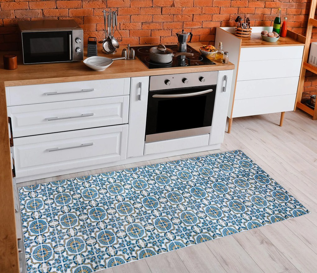 ANDRE 53020 covor lavabil gresii de Lisbona, bucatarie, anti-alunecare - albastru / bej