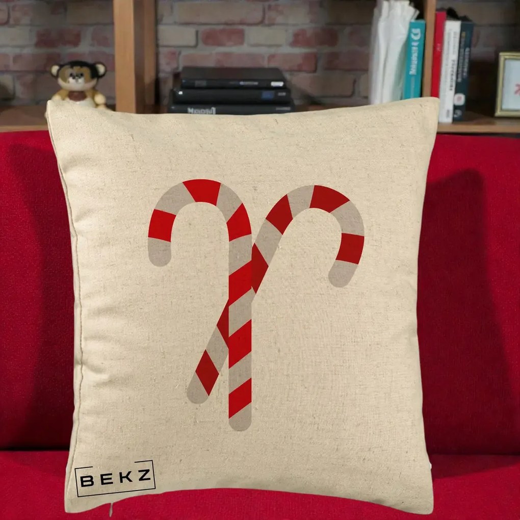 Perna Decorativa Candy Cane de Craciun, 40x40 cm, Bej, Husa Detasabila, Perna Inclusa, BEKZ®