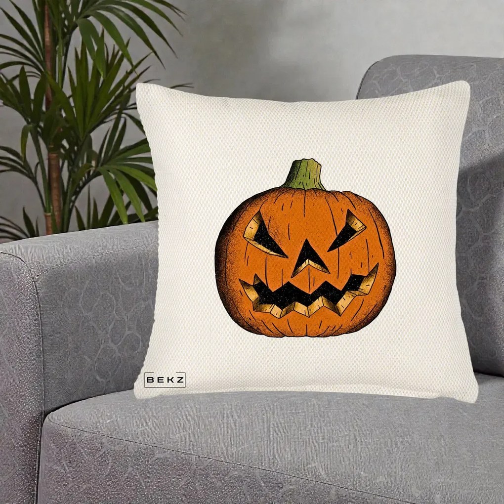 Perna Decorativa Halloween Dovleac Portocaliu Clasic, 40x40 cm, Crem Reliefat, Husa Detasabila, Perna Inclusa, BEKZ®