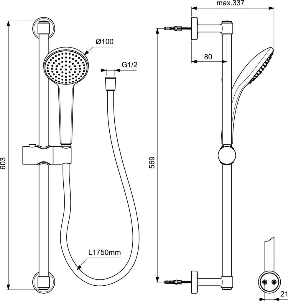 Set dus Ideal Standard IdealRain Soft 1 jet, para 100 mm, bara 600 mm, furtun 1,75m, negru mat - BD142XG