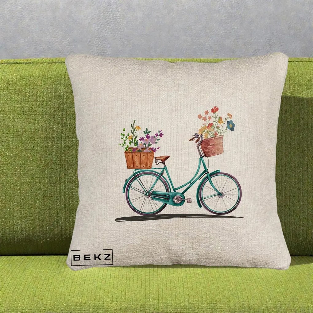 Perna Decorativa Bicicleta Florala Turcoaz Acuarela, 40x40 cm, Bej Canapea, Husa Detasabila, Perna Inclusa, BEKZ®