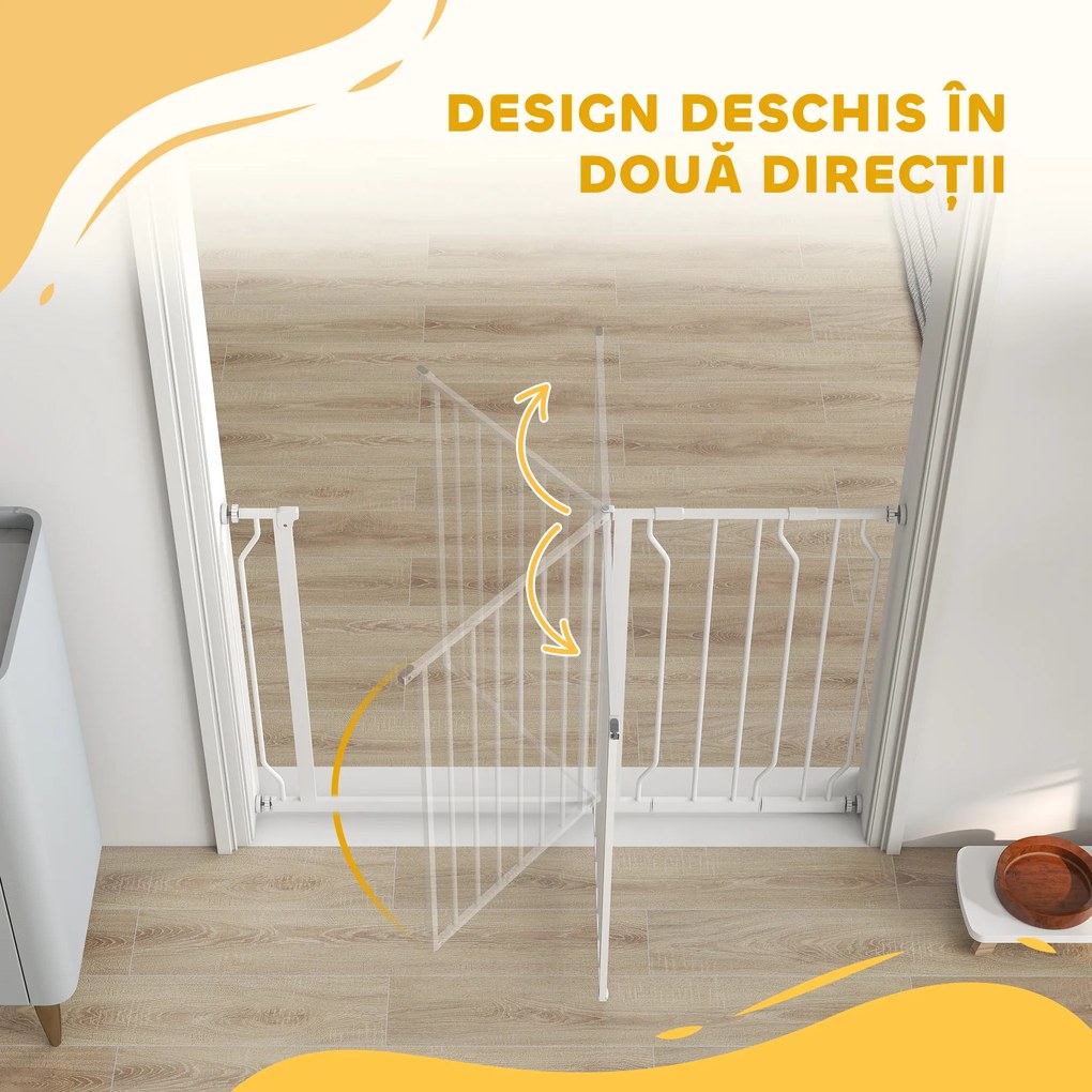 PawHut Poartă de Siguranță pentru Câini din Oțel și ABS, Poartă Extensibilă pentru Câini pentru Scări și Uși, 75-115 cm, Alb