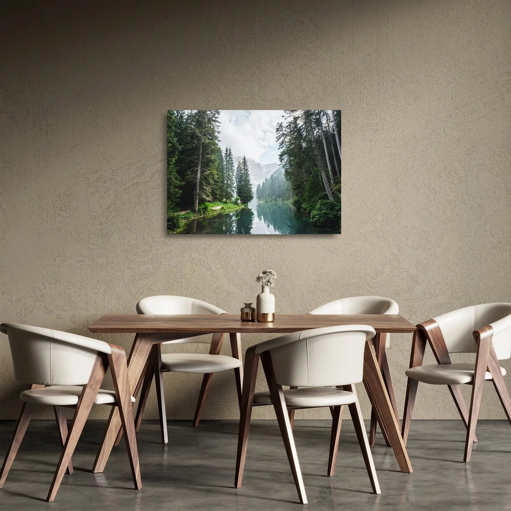 Tablou pe sticlă lacului în pădure (70x50 cm)