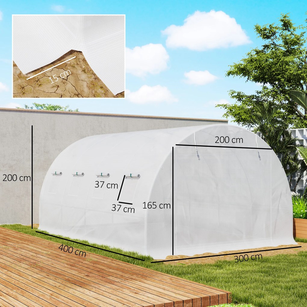 Outsunny Folie de schimb seră tunnel 12 m² 4 x 3 x 2 m PE anti-UV impermeabilă 8 ferestre + ușă înfășurabilă cu fermoar alb | Aosom Romania
