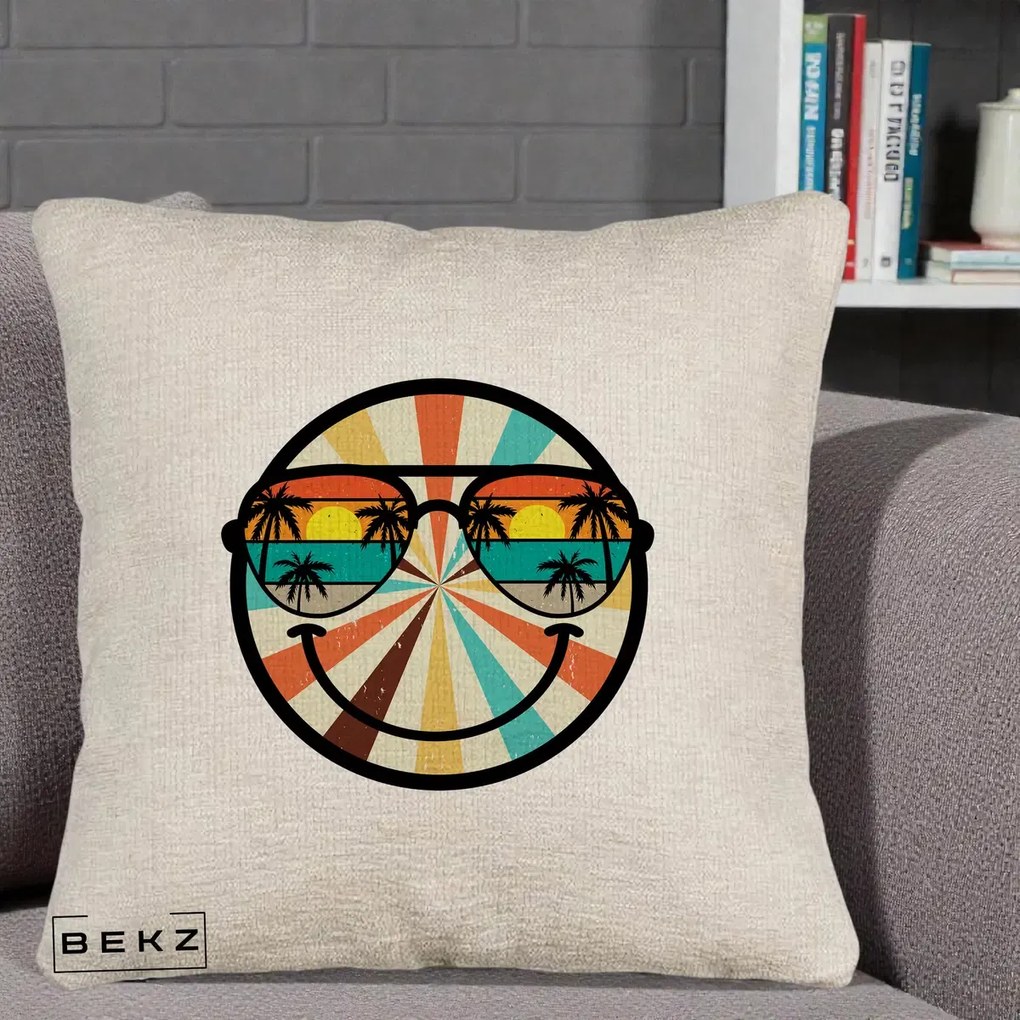 Perna Decorativa Smiley Face Retro Sunset Palmieri, 40x40 cm, Bej Canapea, Husa Detasabila, Perna Inclusa, BEKZ®