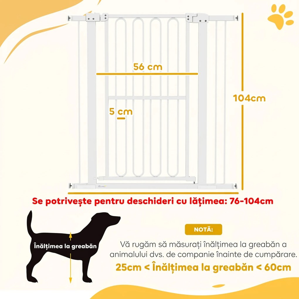 PawHut Poartă de Siguranță Extensibilă pentru Câini 76-104 x 104 cm, Deschidere cu o Singură Mână, Alb | Aosom Romania