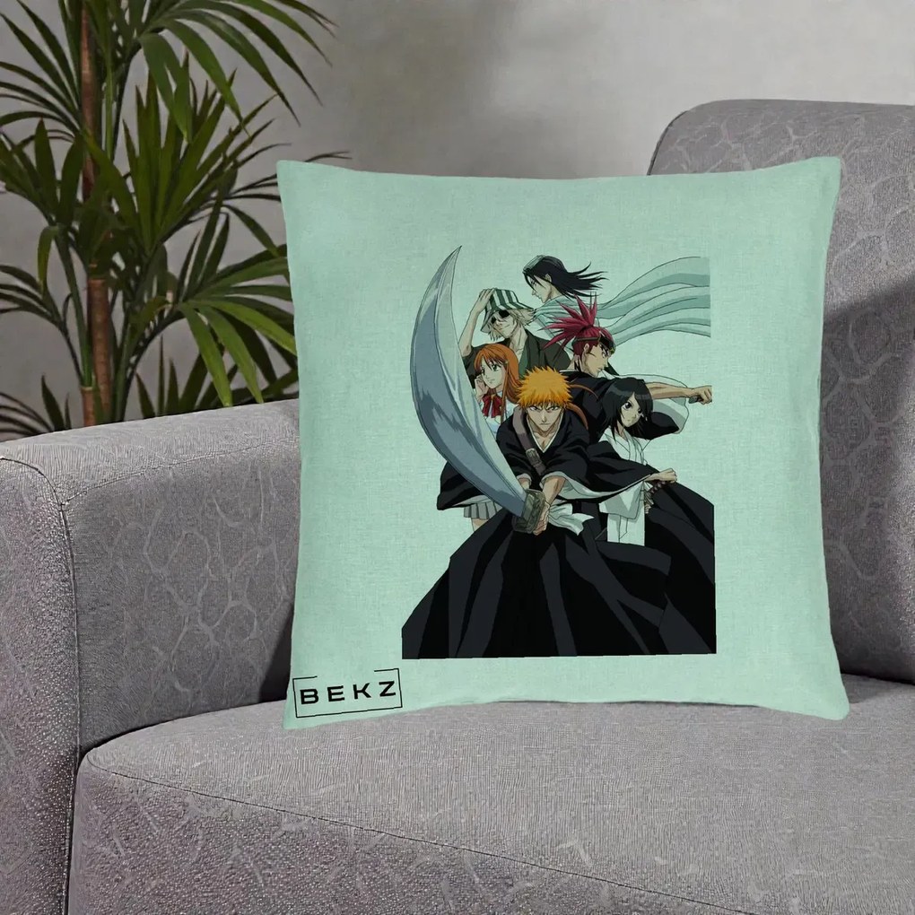 Perna Personalizata Bleach Grup Complet Ichigo si Prietenii, 40x40 cm, Verde Menta, Husa Detasabila, Perna Inclusa, BEKZ®