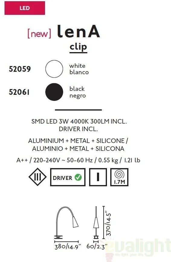 Lampa LED de birou alba cu clip flexibila, LENA 52059