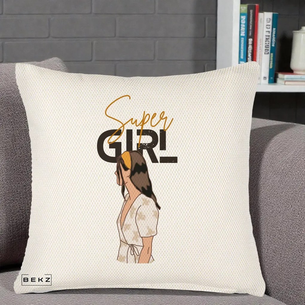Perna Decorativa Super Girl Aesthetic, 40x40 cm, Crem Reliefat, Husa Detasabila, Perna Inclusa, BEKZ®