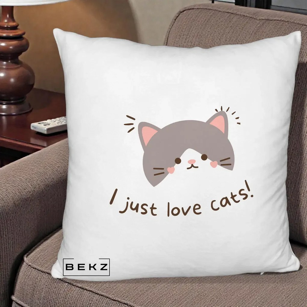 Perna Personalizata I Just Love Cats Pisica Kawaii, 40x40 cm, Alb Pufos, Husa Detasabila, Perna Inclusa, BEKZ®
