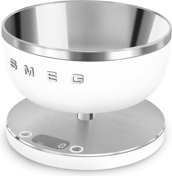 Cantar de bucatarie Smeg Collezione KSC01WHMWW, Pana la 5 kg/5 l, funcție TARA, Afisaj LED, Baza antiderapanta, Baterie reincarcabila, Alb mat