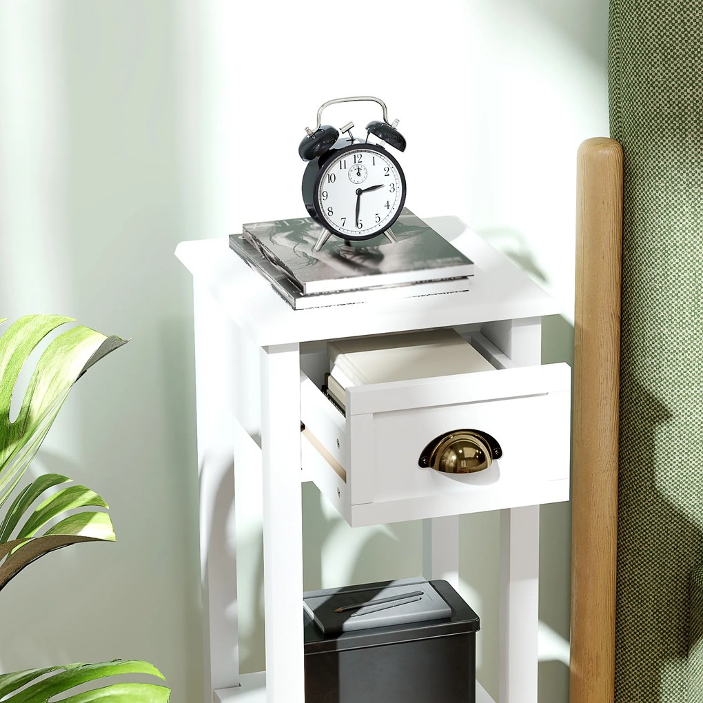 HOMCOM Set de 2 măsuțe laterale Masă de noptieră stil sofisticat cu sertar, etajeră inferioară, 30 x 30 x 75 cm, alb | Aosom Romania