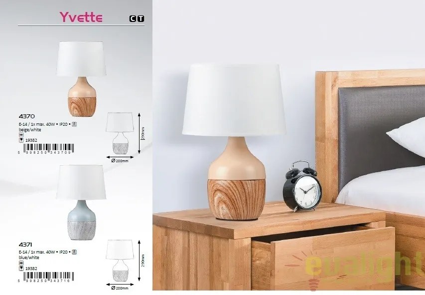 Veioza, lampa de masa, finisaj bej/alb, diametru 20cm, Yvette 4370 RX