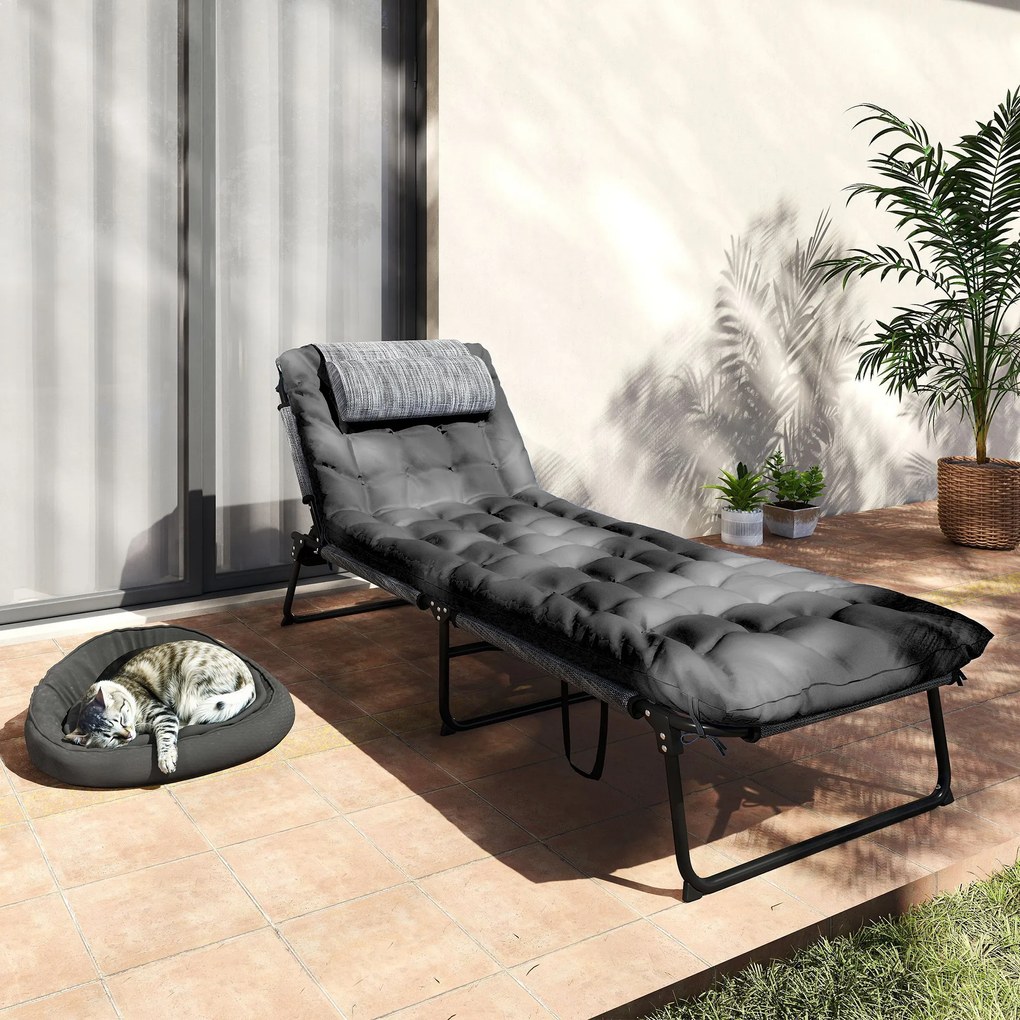 Outsunny Șezlong pliabil pentru grădină cu pernă, spătar reglabil în 4 poziții, buzunar lateral, negru | Aosom Romania