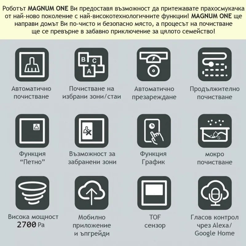 Aspirator robot MAGNUM ONE, Li-Ion 2600 mAh, 30 W, 2700 Pa, Curatare uscata si umeda, Filtrare în 3 etape, Wi-Fi, Control vocal, Alb