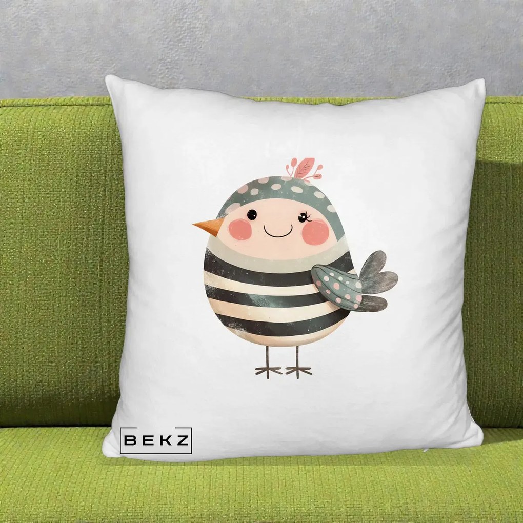 Perna Decorativa Pui Kawaii Teal cu Flori, 40x40 cm, Alb Pufos, Husa Detasabila, Perna Inclusa, BEKZ®