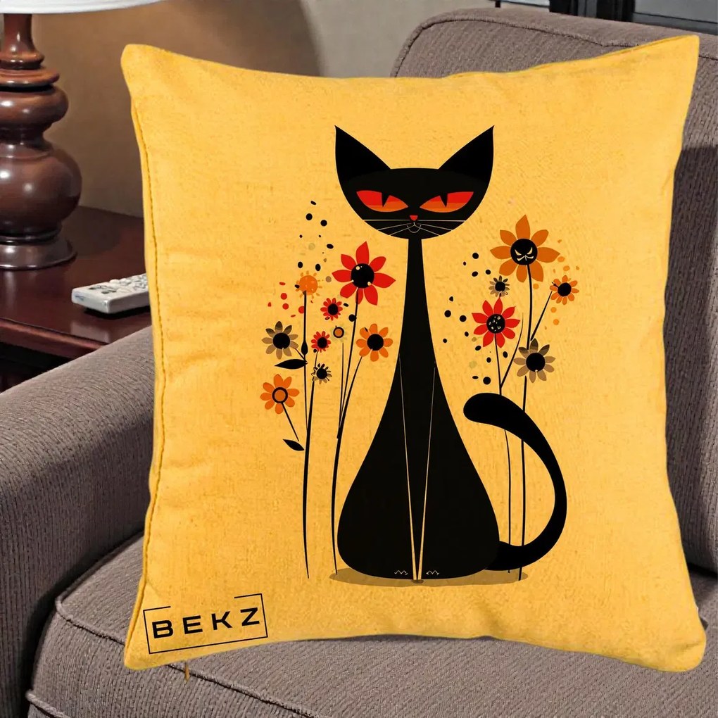 Perna Decorativa Pisica Neagra Ochi Rosii Flori, 40x40 cm, Galben, Husa Detasabila, Perna Inclusa, BEKZ®