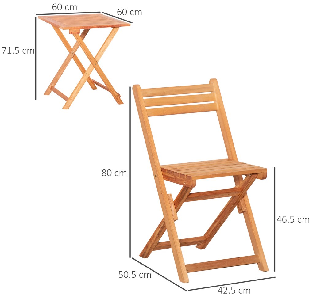 Outsunny Set Mobilier de Grădina din Lemn de Teak, 3 Piese, Masa și Scaune Pliabile, Rezistent la Intemperii, Design Natural | Aosom Romania