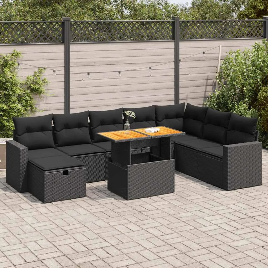 3328014 vidaXL Set mobilier grădină perne 9 piese negru poliratan/lemn acacia