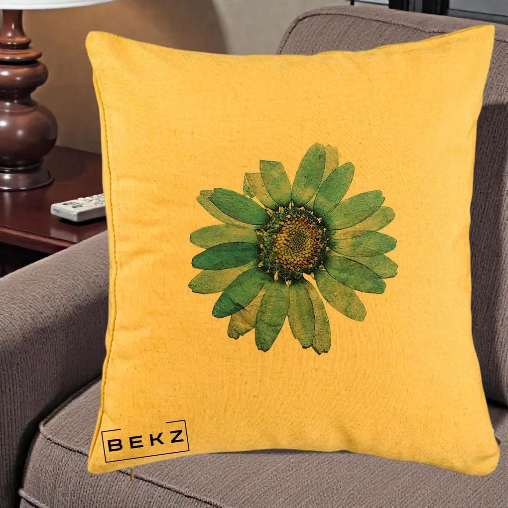 Perna Decorativa Floare Margareta Albastra Acuarela, 40x40 cm, Galben, Husa Detasabila, Perna Inclusa, BEKZ®