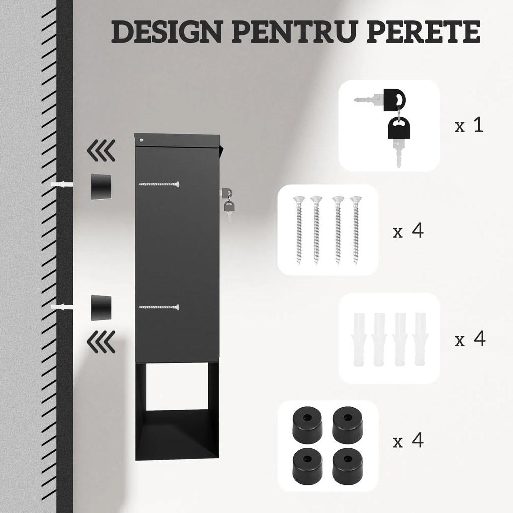 HOMCOM Cutie Poștală de Perete cu Fereastră, Încuietoare și 2 Chei, 30x8,5x32,5 cm, Gri Cărbune | Aosom Romania