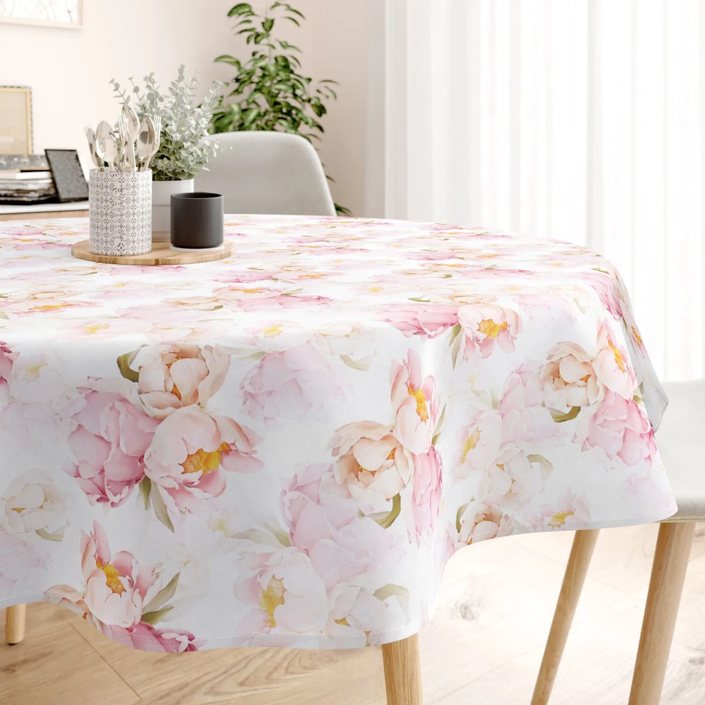 Goldea față de masă 100% bumbac deluxe - flori de bujor înfloriți - rotundă Ø 220 cm