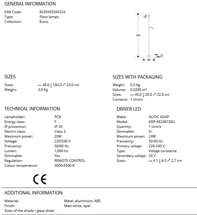 Lampadar/Lampa de podea LED design modern Esino alb
