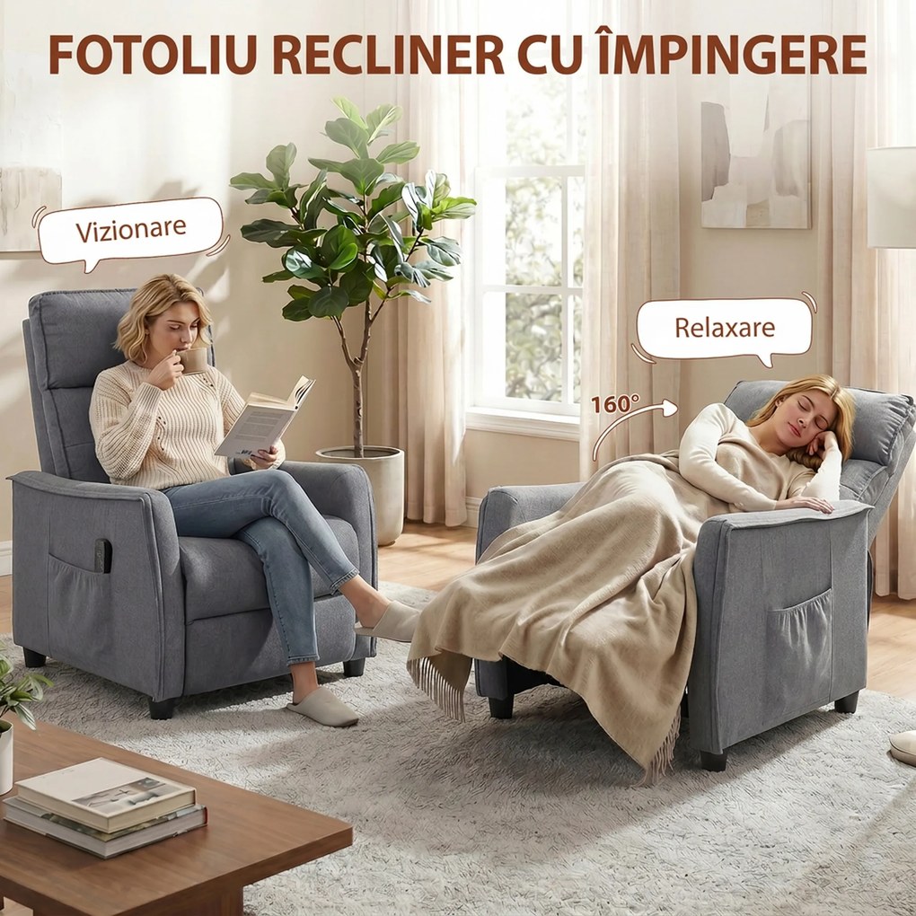 HOMCOM Fotoliu cu Masaj Reclinabil Manual, Material Tip In cu Telecomandă, Gri Deschis | Aosom Romania