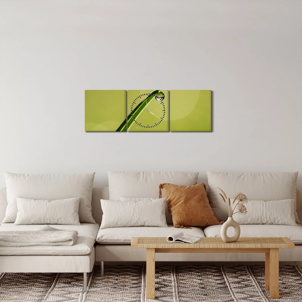 Tablou cu picătură de apă pe iarbă (cu ceas) (90x30 cm)