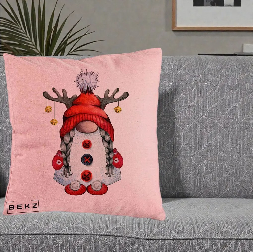 Perna Decorativa Pitic Gnom Craciun cu Coarne de Ren, 40x40 cm, Roz, Husa Detasabila, Perna Inclusa, BEKZ®