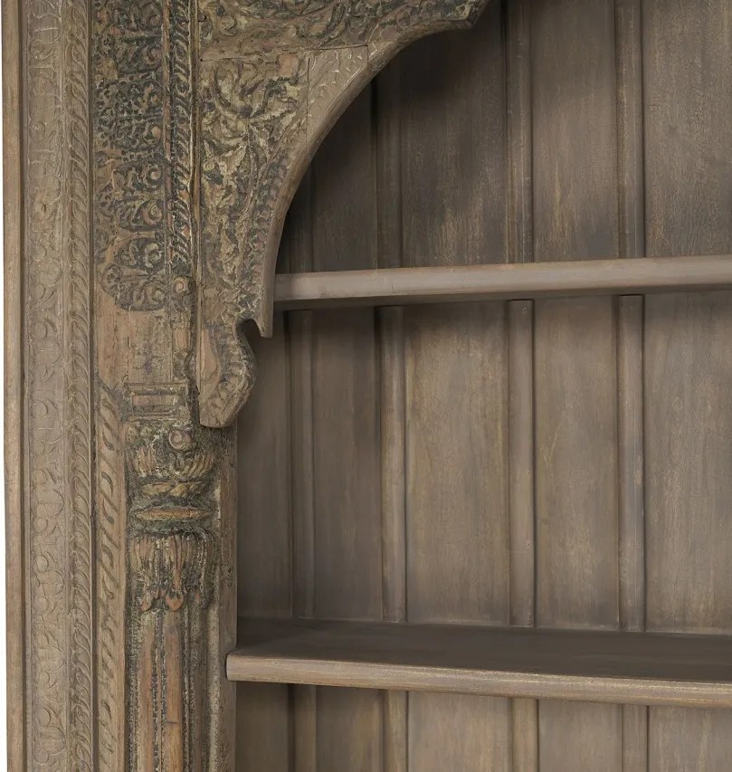 Bibliotecă sculptată din lemn masiv de teak, finisaj natural antichizat, 4 rafturi deschise, piesă unicat, 168×56×272 cm, „Dharma"
